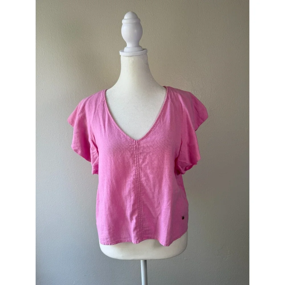 Marc New York Pink Womens S V-Neck Linen Blend Flutter Sleeve Preppy Chic Blouse